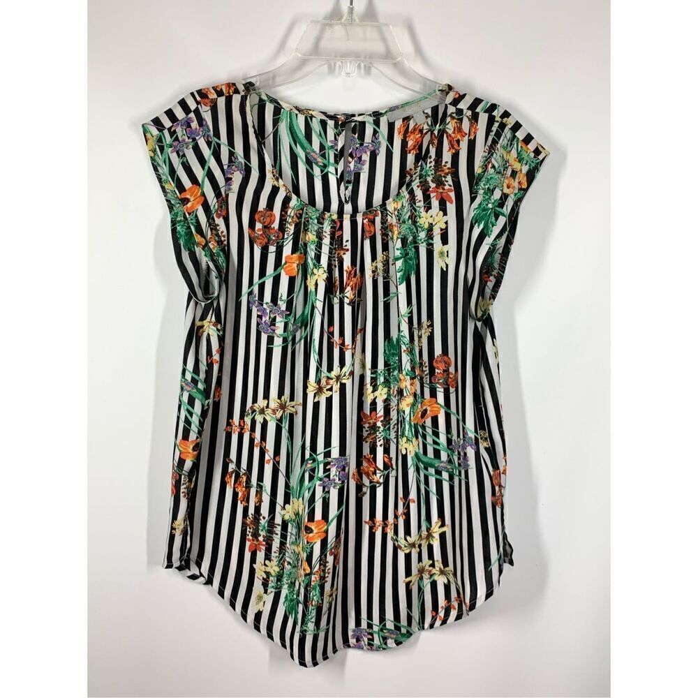 Sweet Rain Women's Floral Striped Keyhole Back Pleated Blouse Multicolor Small